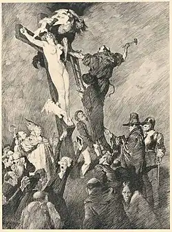 Norman Lindsay's 1913 drawing of the goddess Venus being crucified by Christian men