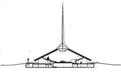 Final sketch of the church, showing a structure with a central spire rising above a sloped roof. The strokes in this drawing are darker and more precisely drawn.