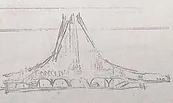 Preliminary sketch of the church, showing a pyramidal or tent-shaped structure. The strokes in this drawing are not well defined and are light-colored.