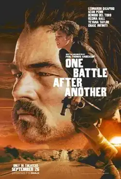 The face of a man with a goatee. A young woman running, holding a gun, a desert road in the background.