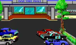 Pixelated scene showing Oak Tree Mall parking lot with several parked cars including a police cruiser in front of the mall entrance