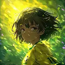 Cover art for "Passo Bem Solto": An anime-style illustration of a young person wearing a yellow Brazil soccer jersey, with soft green and yellow light in the background.