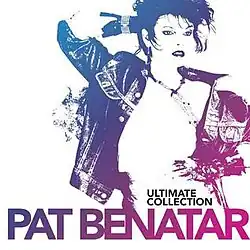 off-center deep purple-to-purple pop-art style photo of Pat Benatar with text