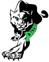 Black panther walking toward the viewer with green eyes and the word "PRIDE" also in green on the proper front left leg
