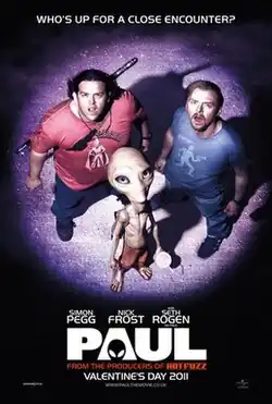 Clive Gollings (Nick Frost), Graeme Willy (Simon Pegg), and Paul (Seth Rogen) standing underneath a helicopter spotlight, and looking up. The poster caption reads, "Who's up for a close encounter?"