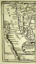 An old map (of coastal southern India) in Portuguese, and not drawn to scale, is shown. The Indian Ocean is labelled, "Mer Des Indes," and Sri Lanka (or Ceylon), "Islede Ceylan." Also shown are the Maldives, which are labelled "Isles Maldives."