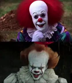 Top: A clown with red hair and white make-up presenting a seductive and rather charming smile. Bottom: A clown with orange hair holds a red balloon and presents an evil, sinister smile.