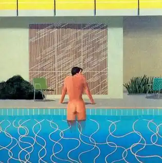Rear view of a nude man climbing out of a swimming pool with wavy white lines depicting water ripples