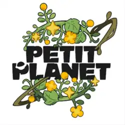 The logo of Petit Planet. Black word mark "PETIT PLANET" on the middle, while green branches and leaves decorated with yellow flowers and stars surround the work mark. The letter "P" in "PLANET" is decorated with a Saturn-like silhouette.