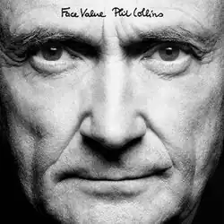 A monochrome close-up image of Phil Collins at an older age and in the same position as its original cover.