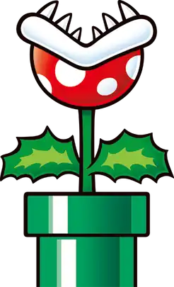 2016 promotional art of the Piranha Plant, depicting a plant in a green pipe. The plant has a leafy green stalk, a spherical red head with white polka dots, and sharp white teeth protruding from its open maw.