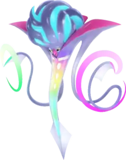 A large, upside-down squid-like creature with a rainbow colored body, a beak mouth and an emphasized brain.