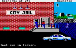 Game scene showing a police officer standing outside a brick building labeled "City Jail" with a patrol car parked nearby, with player command interface visible at bottom