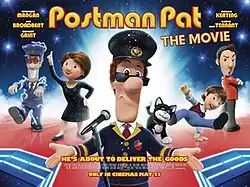 Theatrical release poster depicting Postman Pat, along with other characters which appear in the background. The film's title is shown above him.