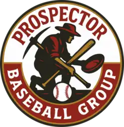 A logo for Prospector Baseball Group, which shows a person on one knee holding a bat, helmet, and pick axe inside a circle with a baseball included