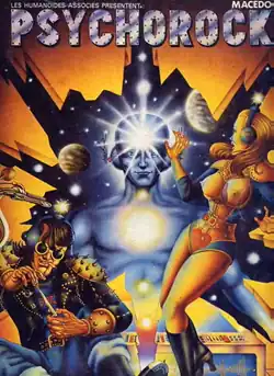 A blue man with beams of light radiating out of his head and outer space visible behind him appears out of a hole in space. To his left, a punk-style man is smoking a cigarette. To his right, a topless woman is shocked at the space man's appearance