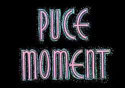 Film title card with "PUCE MOMENT" in tall pink letters with a glowing teal outline on a black background