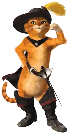 A fictional cat from the Shrek franchise, wearing boots, a feathered hat, and a cape while wielding a sword