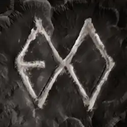 The digital album cover for Reverxe, Exo's eight album, in a dark, textured background resembling rock or ash, with two rough, chalk-white diamond shapes mirrored and crossing in the center, forming an abstract X-like symbol with a raw, hand-drawn look.