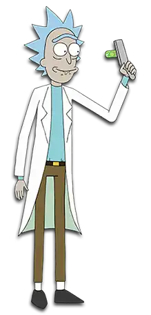 An elderly man with spiky light blue hair, wearing a lab coat and holding a device in his left hand. He has a unibrow and some green saliva coming out of his mouth.