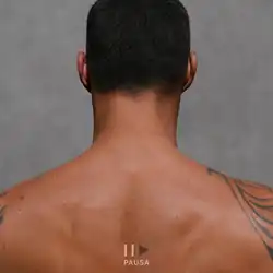 A back view of a person's back with a tatto. A pause and play symbol is seen at the bottom, with the play icon in Black and the album title "Pausa" (Spanish for "Pause") in white text.