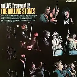 An array of images showing musicians performing live; in the top left corner are the title in white font and the band name in yellow font.