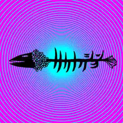 A fish skeleton against a pink background.