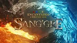 An image with fire, water and a blue object with a glowing light. The series title is displayed on the center of the image. Four gems are seen above the series title.
