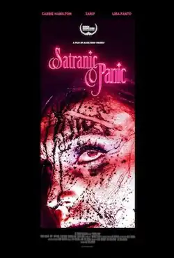 A black poster featuring a woman's face covered in grime, looking up. In pink, stylized neon letters near the top read "Satranic Panic"