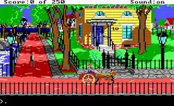 The game's pixelated opening scene, with a man standing in the street near a yellow house, while a horse-drawn carriage drives on a road lined with trees and fences.