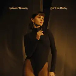 Gomez in a black leotard standing in front of curtains