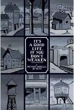 Book cover divided into nine panels; the nine surrounding ones are cartoons of buildings and landscapes, and the central one displays the book title.