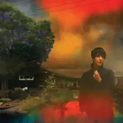 A photo of the artist stood in a street in front of a one-story house, with the overcast sky recolored red and orange and the wet street reflecting the red.