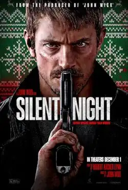 A man covered with bruises places a gun over his lips. The background is a knitted Christmas artwork with blood stains.