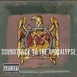 A green toned square box with a golden bird with the context "Slayer" in the middle of it, and the words "Soundtrack to the Apocalypse" at the feet of the eagle.