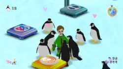 This screenshot shows the player character as a Mii avatar in snow gear surrounded by penguins, with hearts above their heads indicating friendship points earned. The game's interface displays the number of penguins in the top left, the time of day in the top right, usable items in the bottom left, and chowfish and friendship points in the bottom right.