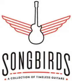 The outline of a guitar with red wings