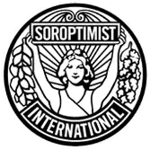 A circular, black and white logo with a style suggesting late Art Nouveau or early Art Deco. Soroptimist International describes it as follows: "The emblem consists of a circular disc on which the figure of a woman holds the banner 'Soroptimist' in uplifted arms, spreading sunrays from the background. [From] the banner on one side fall acorns and leaves of oak and on the other side, leaves of laurel. [The] word 'International' completes the outer circle."[1]