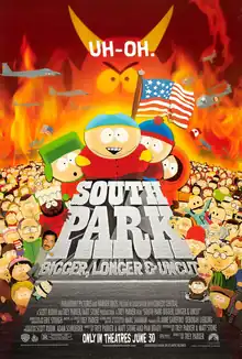 The four main characters at the forefront with the ensemble cast on surrounding sides, an American flag behind them, and the eyes and horns of Satan in the background.
