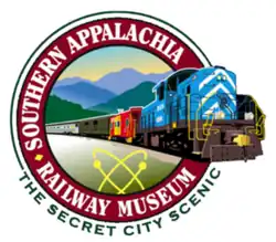 Circle with the museum name and a train emerging from it