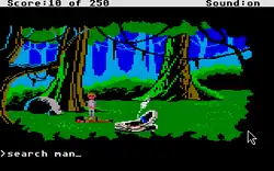 Pixelated game scene showing a man standing next to a crashed pod and another man lying on the ground in a forest