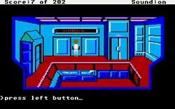 A pixelated game scene showing a character standing before a set of labeled doors in a brightly colored blue and red spaceship interior, with the command "press left button" displayed at the bottom of the screen