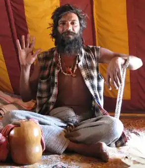 Stambha meditation crutch in use by a yogi at the Kumbh Mela, Haridwar, in 2010. Detail of photograph by James Mallinson[7]