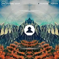 A drawing of an autumnal forest valley between a row of mountains with the band's logo in the middle.
