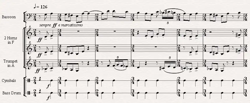 Sheet music showing six bars of music; each bar changes from 2/4 to 3/4, and the melody doesn't always fall on the first beat, showing a constant shift in accents