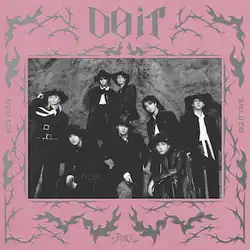 Black-and-white photograph of Stray Kids wearing black hats posing in front of large rocks with pink and gray frames