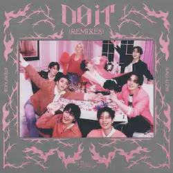 Photograph of Stray Kids in a pink-themed party with pink and gray frames