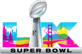 Logo of Super Bowl LX, depicting "LX" showing the glimpse of San Francisco Bay Area and the football-shaped Super Bowl trophy