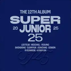 A royal blue square with a textured pattern as if embossed with a logo reading 'SJ 25', and the words 'The 12th album Super Junior 25' in bold, pale grey blue writing.