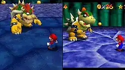 A composite image of two square video game screenshots of the same scene: a man in blue overalls and a red cap stands on a giant stone platform facing a large horned anthropomorphic turtle with yellow skin and a green spiked shell. The left screen shot has smoother curves wheres the right one has more blocky characters with sharp edges.